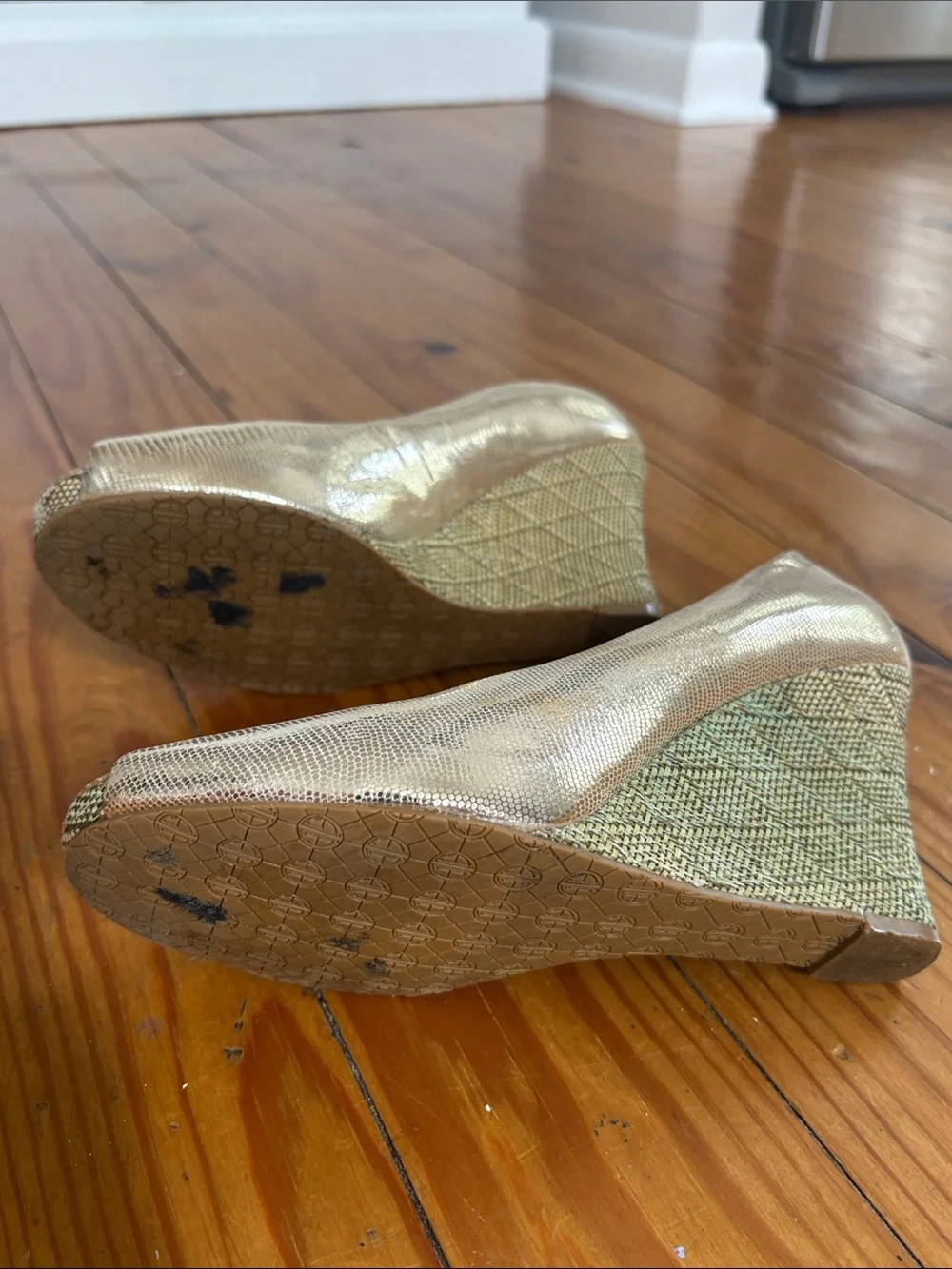 Lilly Pulitzer Metallic Gold Peep-Toe Wedge with Pink Insole